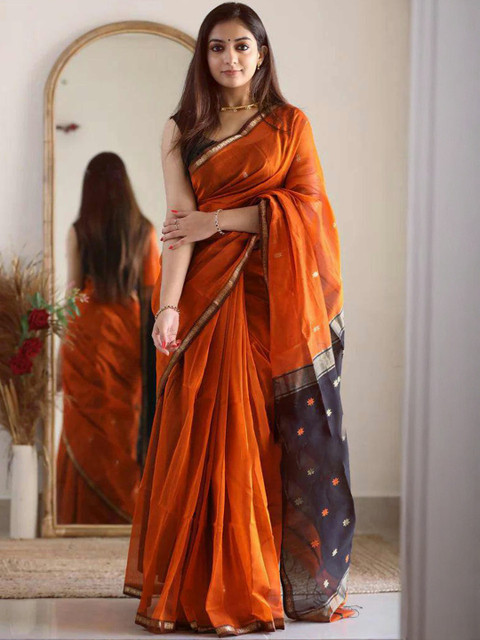 Peachmode Woven Design Zari Pure Cotton Saree With Unstitched Blouse Piece