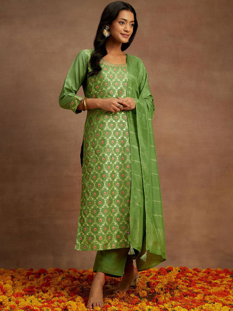 Libas Woven Design Straight Kurta With Trousers & Dupatta