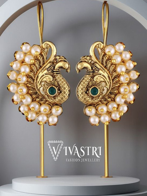 VIVASTRI Women Gold Plated Peacock Shaped With Pearl Ear cuff Earrings