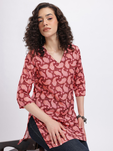 Anouk Rustic Paisley Printed V-Neck Straight Kurti