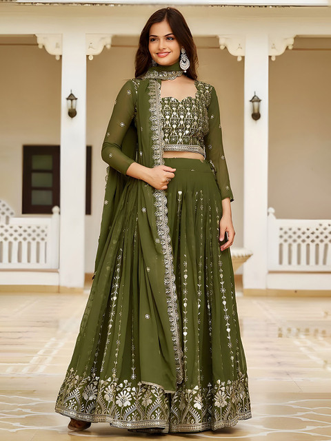 Siya Fashion Embroidered Thread Work Semi-Stitched Lehenga & Unstitched Blouse & Dupatta