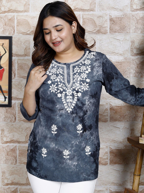 AFFO Women Round Neck Tie And Dye Embroidered Top