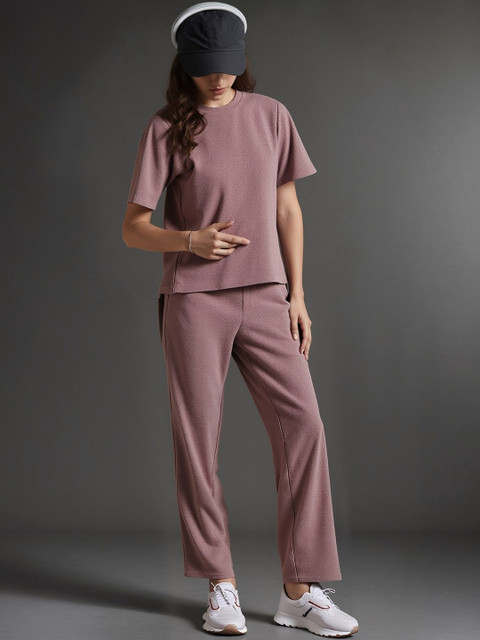 HERE&NOW Women Solid Round Neck T-Shirt With Trousers Co-Ords