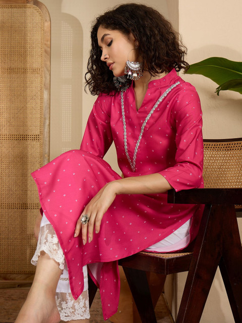 Sangria Women Pink Cotton V-neck Straight Kurta