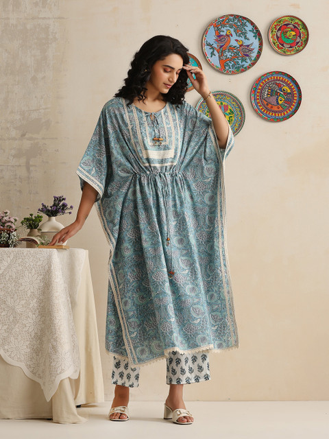 Khushal K Floral Printed Tie-Up Neck Pure Cotton Tunic & Trousers