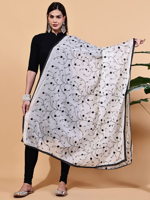 LOOM LEGACY Floral Embroidered Cotton Dupatta With Thread Work