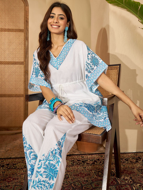 Sangria Women Pure Cotton V-Neck Kaftan & Trousers Co-Ords