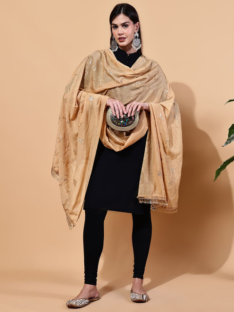 LOOM LEGACY Geometric Embroidered Cotton Dupatta With Sequinned