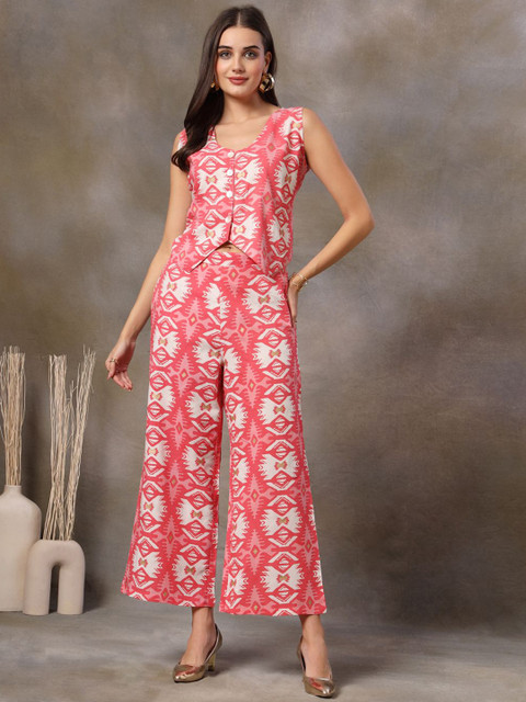 Stylum Ikkat Printed Round Neck Waistcoat With Palazzos