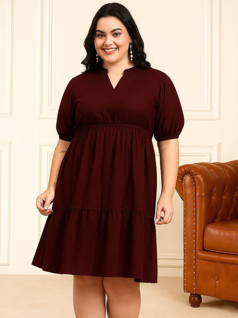 Orchid Blues Plus Size Mandarin Collar Puff Sleeves Tiered Pure Cotton Fit & Flare Dress
