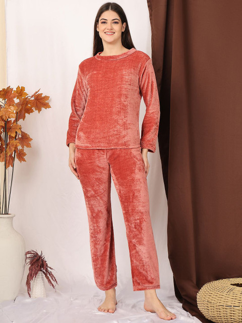 ETC Women Round Neck Long Sleeves Woolen Fur Winter Night Suit