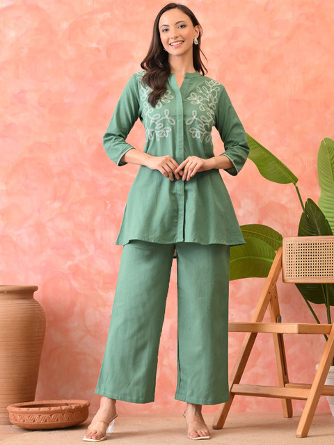 CRENOL THREADS Embroidered Mandarin Collar Pure Cotton Tunic With Trouser