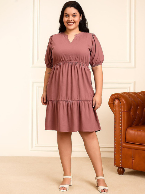 Orchid Blues Plus Size Mandarin Collar Puff Sleeve Cotton Fit & Flare Dress