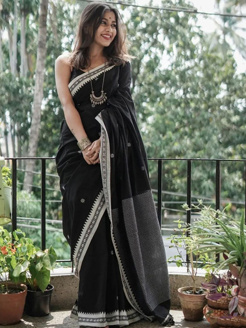 ZILVIRA Woven Design Pure Linen Fashion Saree With Unstiched Blouse Piece