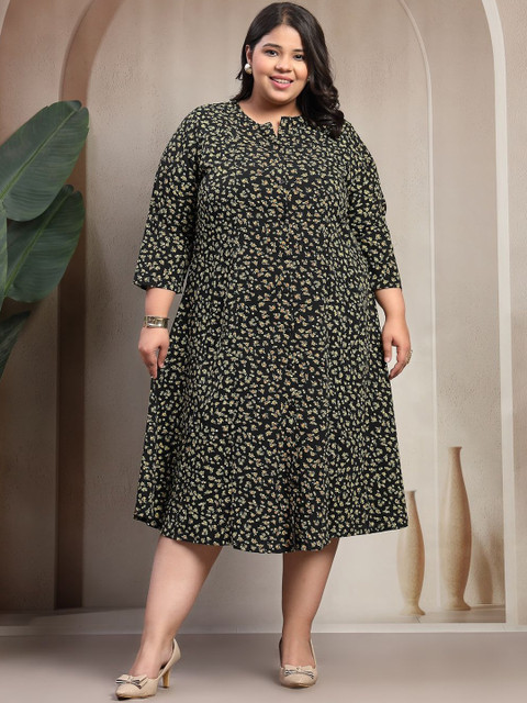 plusS Plus Size Floral Printed Mandarin Collar A-Line Dress