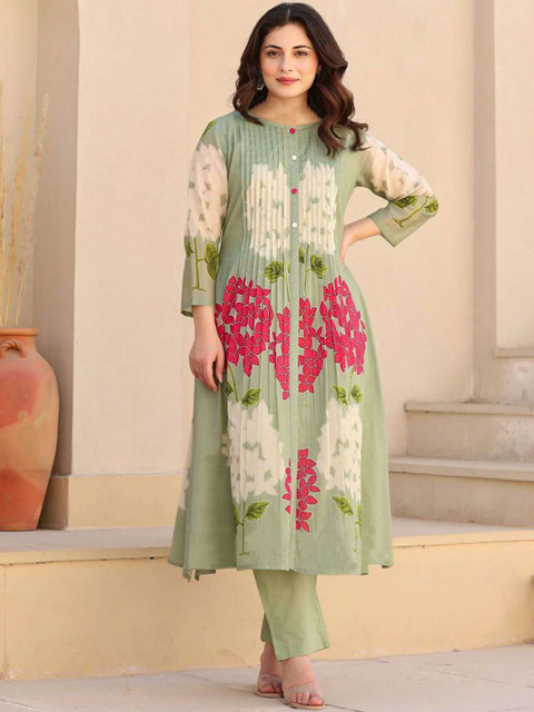 Aaghnya Floral Printed Pleated Round Neck A-Line Kurta With Trousers