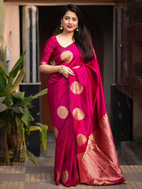 PHEASANT Woven Design Jacquard Banarasi Saree With Unstitched Blouse Piece