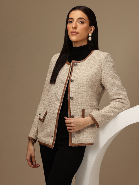 Chemistry Collarless Single-Breasted Tweed Coat