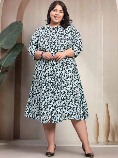 plusS Women Floral Print Round Neck A-Line Dress