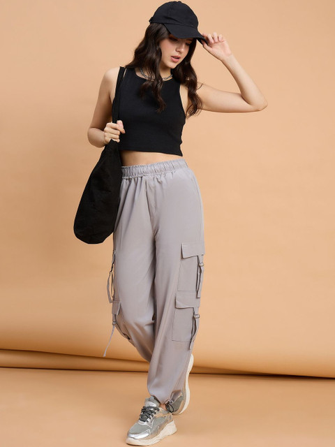 Roadster Women Grey Polyester Snug Fit Multi Pockets Elasticated Cargo Pants