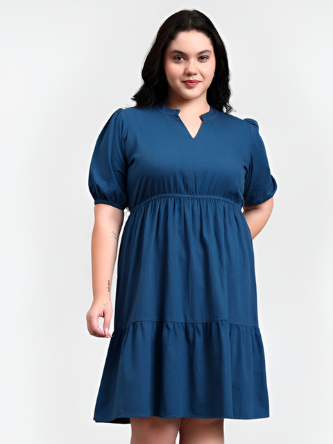 Sztori Plus Size Puff Sleeves Cotton Fit & Flare Dress