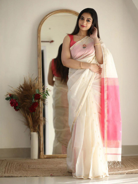 PHEASANT Woven Design Pure Linen Banarasi Saree With Unstitched Blouse Piece