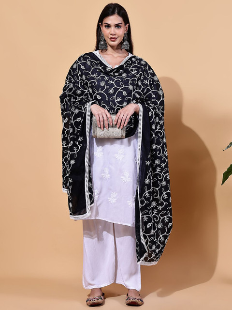 LOOM LEGACY Floral Embroidered Cotton Dupatta With Thread Work