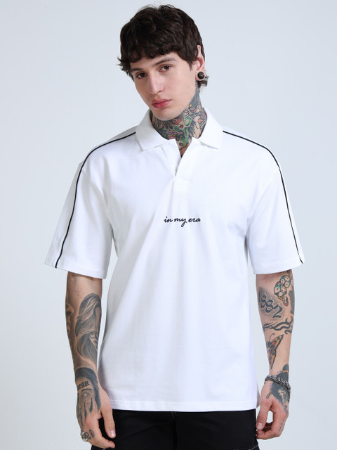 glitchez Men Typography Printed Polo Collar Cotton Oversized T-shirt