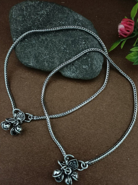 Sanjog German Silver Silver-Plated Ghungroo Beaded Oxidised Anklets