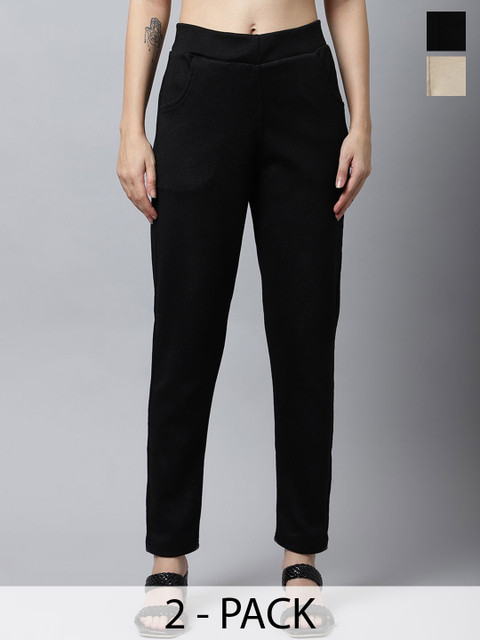 LEGITLOOKS Women Pack Of 2 Solid Mid-Rise Regular Fit Trousers