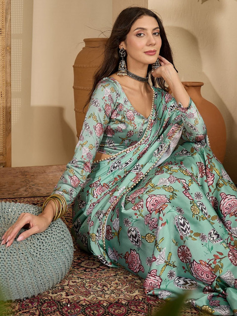 Sangria Floral Printed Satin Saree With Blouse Piece