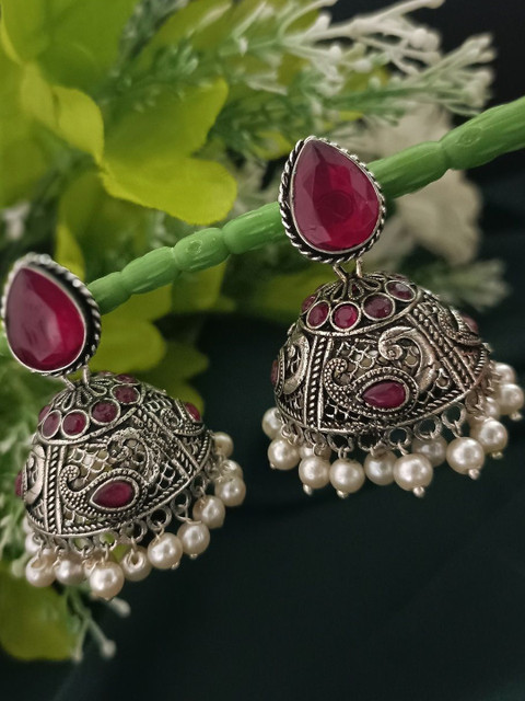 Sanjog German Silver Plated Artificial Stones Studded And Beaded Dome Oxidised Jhumkas