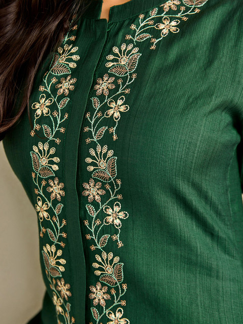 WOMEN PLUS Floral Embroidered Mandarin Collar Neck Tunic With Trousers Co-Ords Set - Image 2