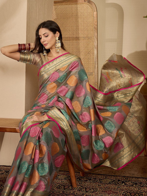 Sangria Woven Design Zari Organza Handloom Saree