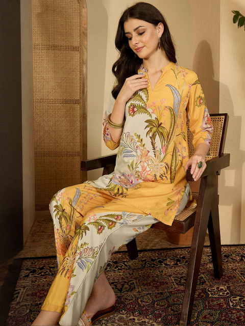 Sangria Floral Printed Mandarin Collar Tunic & Trousers Co-Ords - Image 7