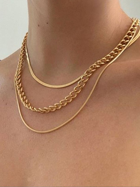 Arzonai Women Gold Alloy Triple Layered Gold Pleated Necklace