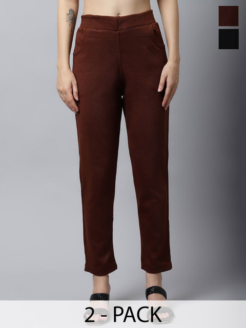 LEGITLOOKS Women Pack of 2 Regular Fit Mid-Rise Trousers