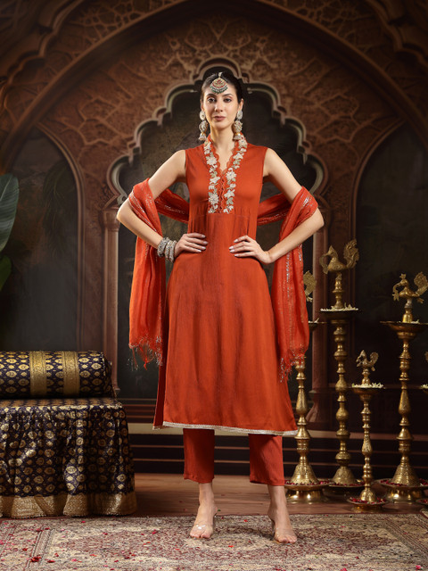 Stylum Women Rust Solid & Embroidered Crepe A-Line Kurta with Dupatta