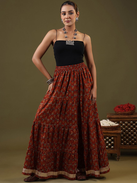 Rimeline Printed Pure Cotton Flared Tiered Maxi Skirt
