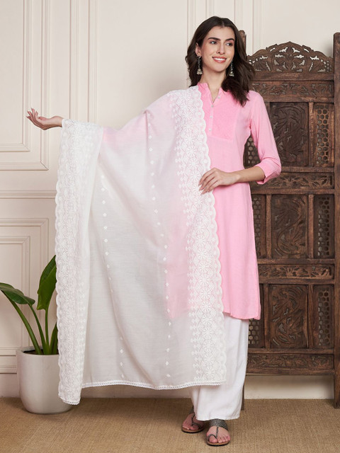 AKSHADEEP Floral Embroidered Chikankari Pure Cotton Dupatta