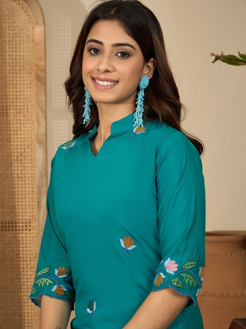 Sangria Floral Embroidered Mandarin Collar Tunic & Trousers Co-Ords