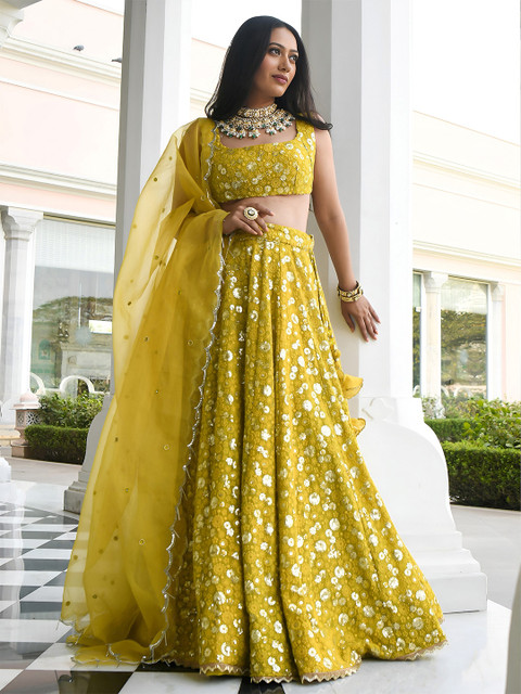 FABPIXEL Embroidered Sequinned Semi-Stitched Lehenga & Unstitched Blouse With Dupatta