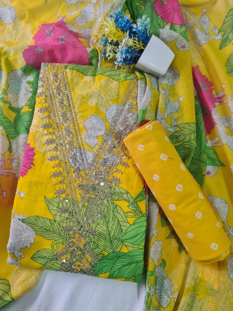 M S MODERN SUPER Floral Printed Thread Work Pure Cotton Unstitched Dress Material