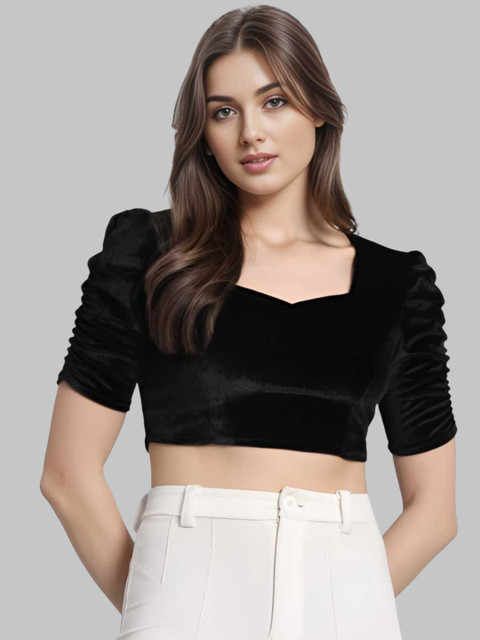 WIZULO TRENDZ Women Velvet Sweetheart Neck Puff Sleeved Saree Blouse