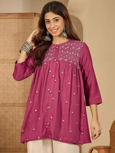 Sangria Floral Embroidered Pure Silk Short Top