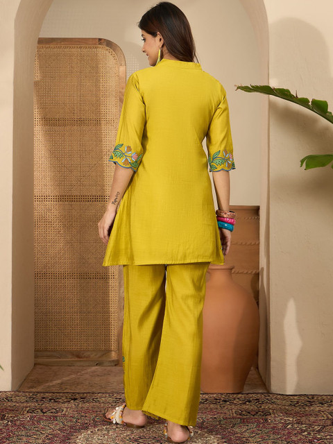 Sangria Floral Embroidered Mandarin Collar Tunic & Trousers Co-Ords - Image 5