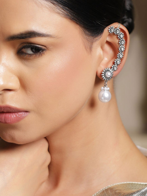 Rubans Rhodium-Plated Oxidised Floral Design Earcuff Earrings with White Pearl Drop Detail
