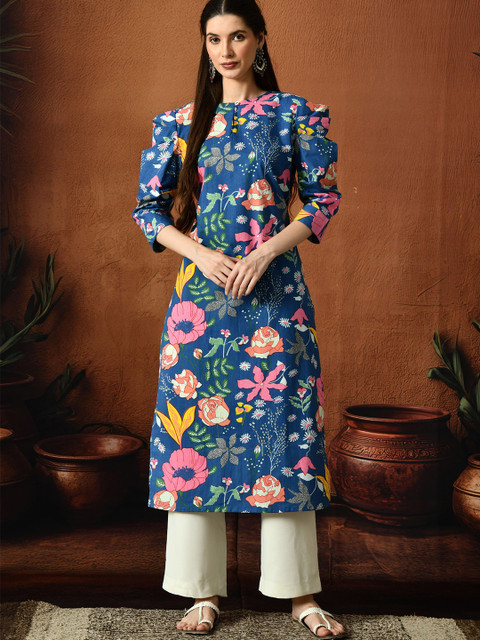 Anouk Rustic Floral Printed Round Neck Pure Cotton Straight Kurta