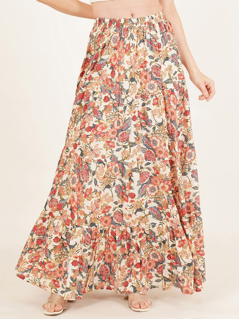 Brownverse Floral Printed Pure Cotton Tiered Maxi Skirt