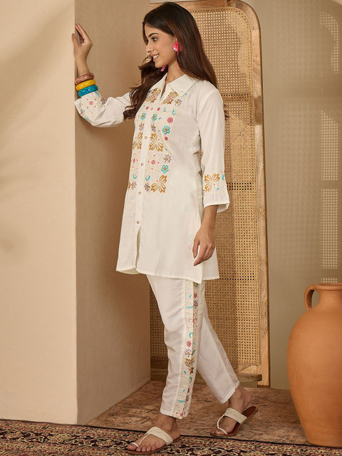 Sangria Floral Embroidered Shirt Collar Tunic & Trousers Co-Ords - Image 4
